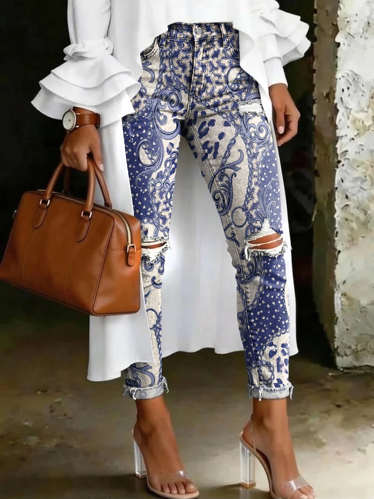 Women's Fashion Ombré Leopard-print Floral Artistic-print Casual Skinny Ripped Jeans
