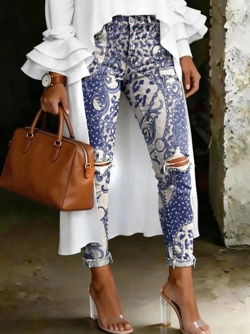 Women's Fashion Ombré Leopard-print Floral Artistic-print Casual Skinny Ripped Jeans