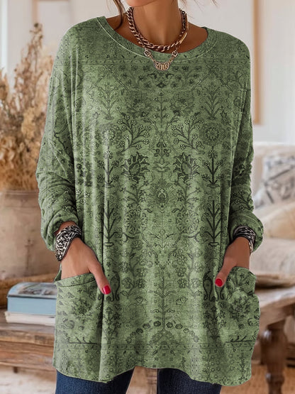Women's Retro Ethnic Art Print Casual Long-Sleeve Round Neck Cotton T-Shirt