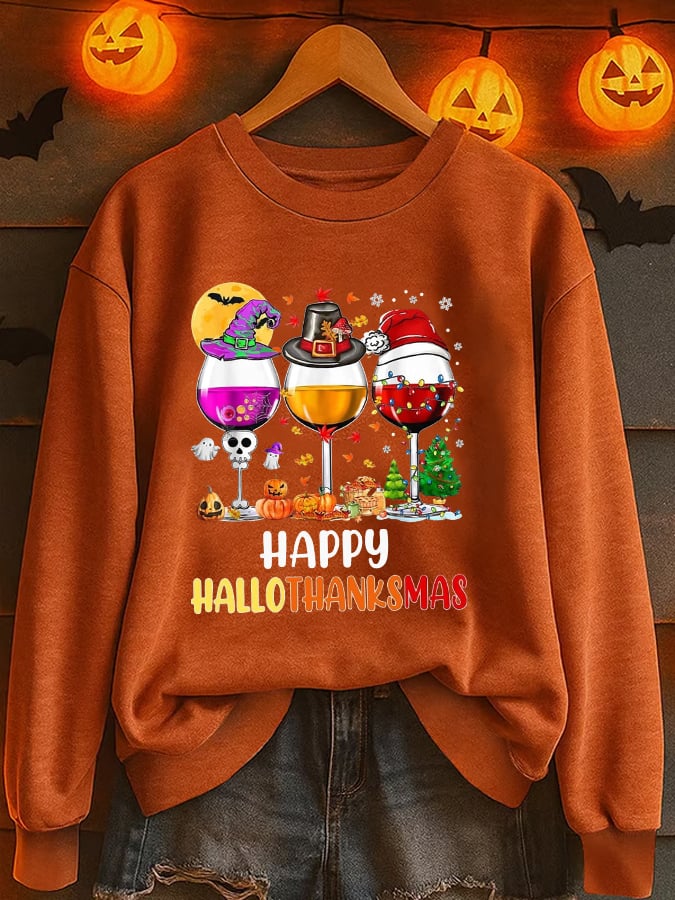🔥HOT SALE🔥Women's Happy Hallothanksmas Wine  Print Casual Sweatshirt