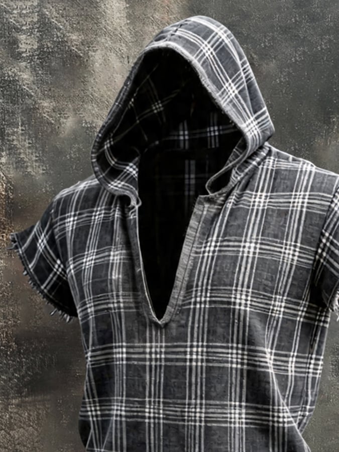 Men'S Retro Plaid, Color-Block, Frayed-Hem, Cotton-Linen, Hooded Short-Sleeve T-Shirt