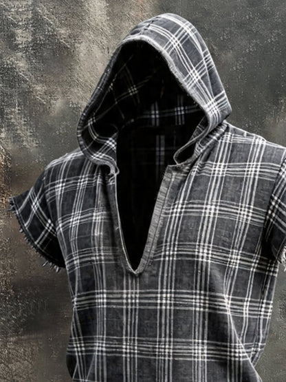 Men'S Retro Plaid, Color-Block, Frayed-Hem, Cotton-Linen, Hooded Short-Sleeve T-Shirt