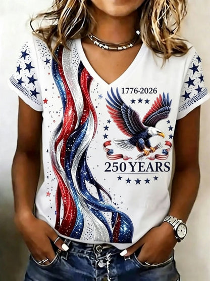 🔥Buy 3 Get 10% Off🔥Retro 250th Anniversary Glitter Design Women's V Neck T-Shirt