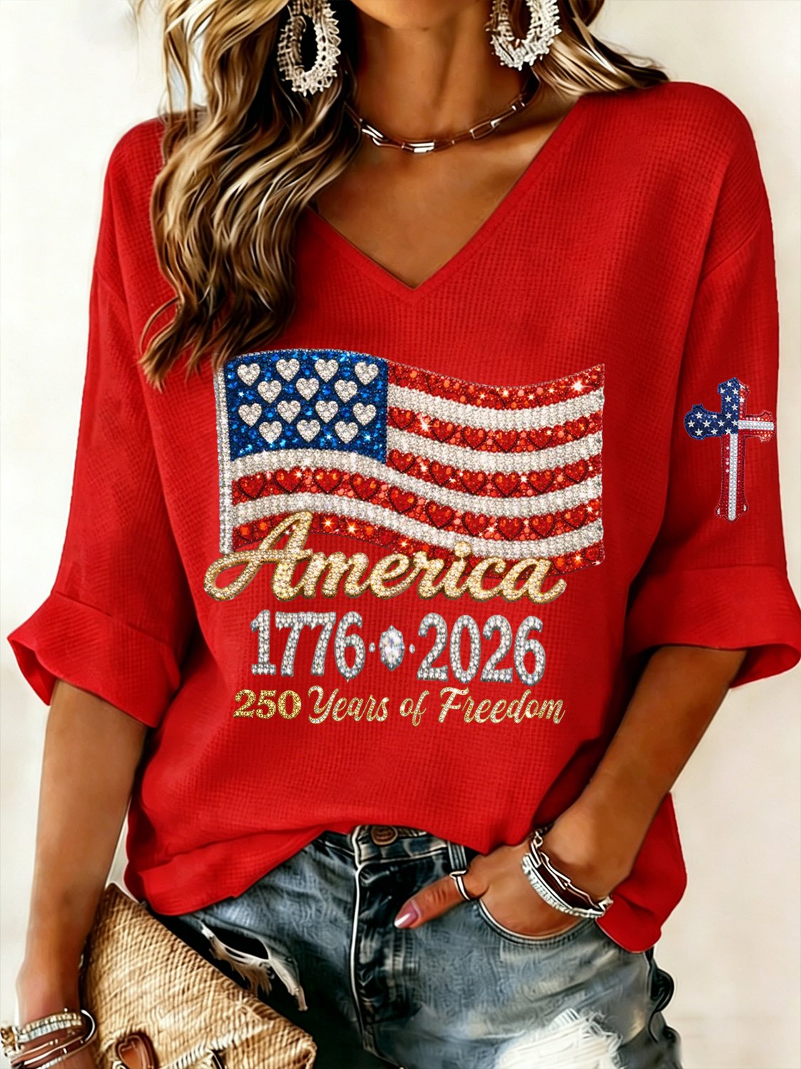 Women's 250th Anniversary Of The United States Printed V-Neck Top