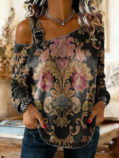 Women's Retro Bohemian Art Print Casual Long-sleeved Camisole Washed Cotton Denim Top