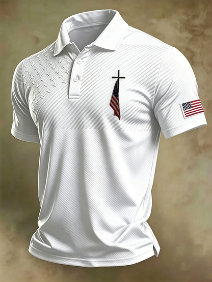 Men'S Retro National Flag And Cross  Print Casual Polo Shirt