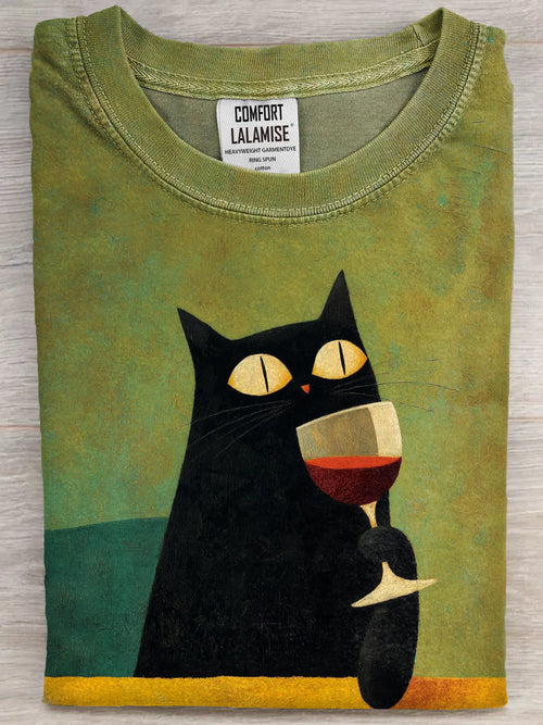 Playful Black Cat Drinking Red Wine Art Print Casual Crew Neck Short Sleeve T-shirt