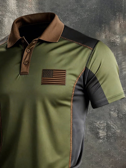 Men's Retro Patriot Color Block Polo Collar Short Sleeve