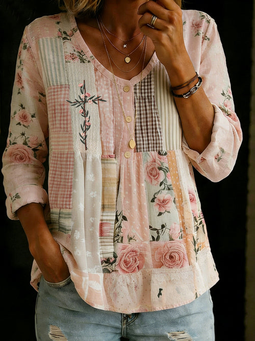 Women's Vintage Floral "Faith" Print V-Neck Top