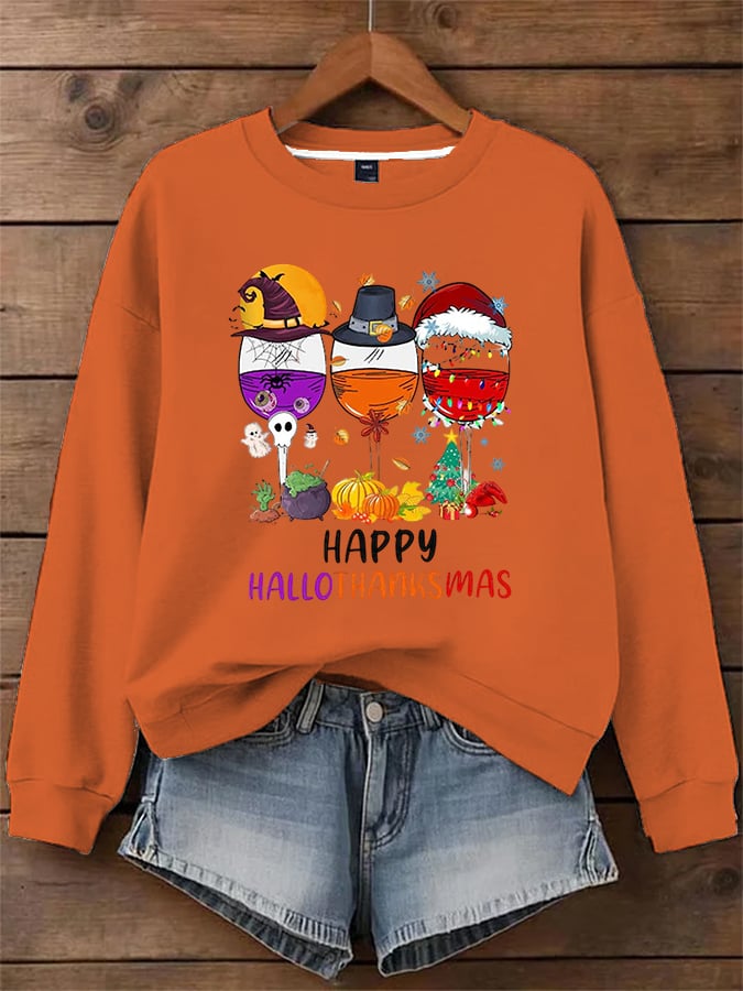 🔥HOT SALE🔥Women's Thanksgiving Wine Glass Art Printed Sweatshirt