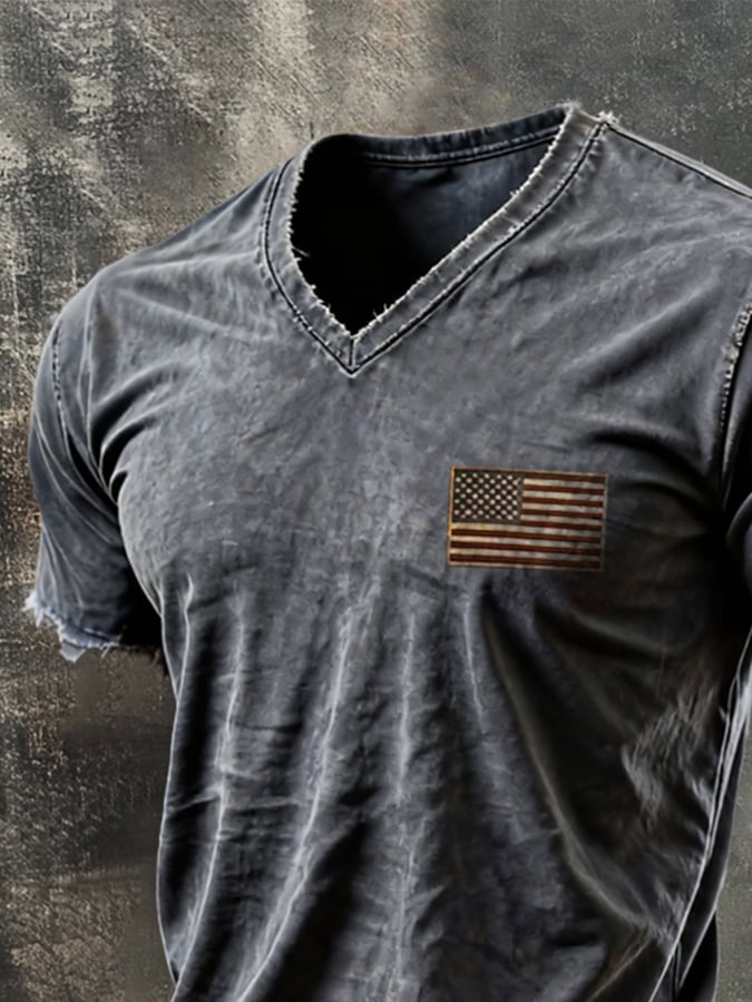 Men'S Vintage "Patriot" Pure Cotton Washed & Distressed V-Neck Short-Sleeve T-Shirt