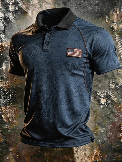 Men's Dark Retro-Print Tactical Polo — Slim-Fit, Functional-Style, Versatile Casual Short-Sleeve Polo with Flag Patch and Turn-Down Collar