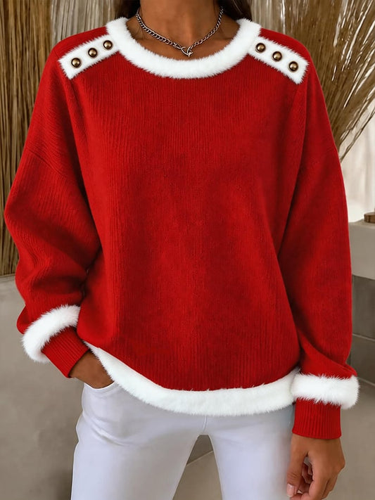 Women'S Casual Color-Blocked Plush Patchwork Button Sweater