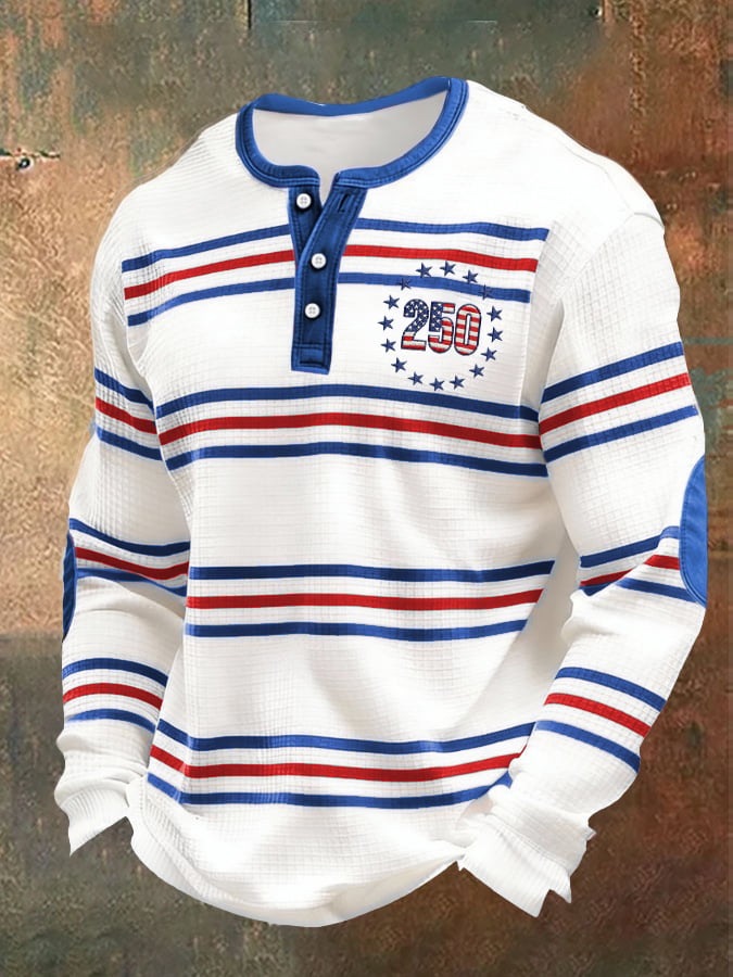 Men's Casual Retro Patriotic Red, Yellow, And Blue Striped Waffle-Knit Henley Shirt