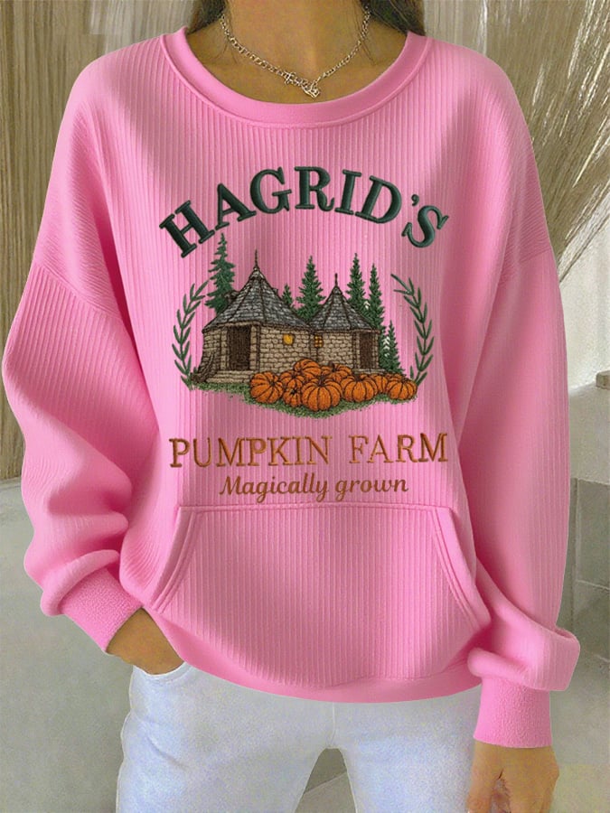 Women's Autumn Wizard Pumpkin Farm Print Casual Crew Neck Pocket Top