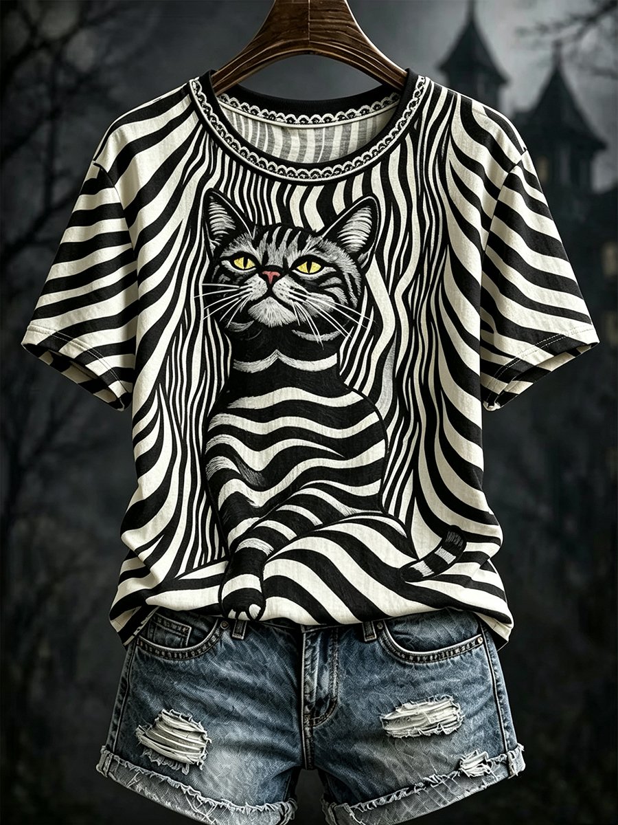 Women's Dark-Style Halloween Black Cat Print Short-Sleeve T-Shirt