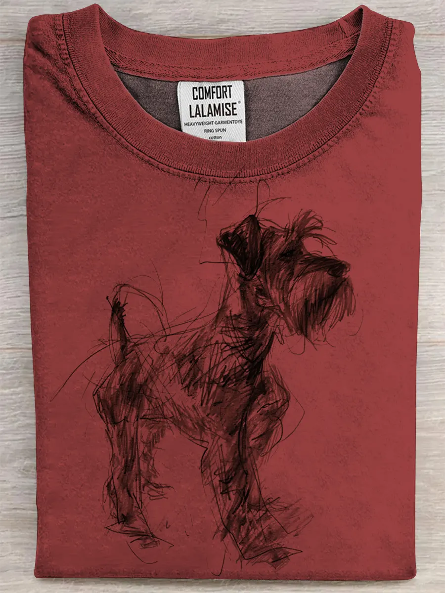 Retro Schnauzer Abstract Art Print Casual Pure Cotton Short Sleeved T-shirt