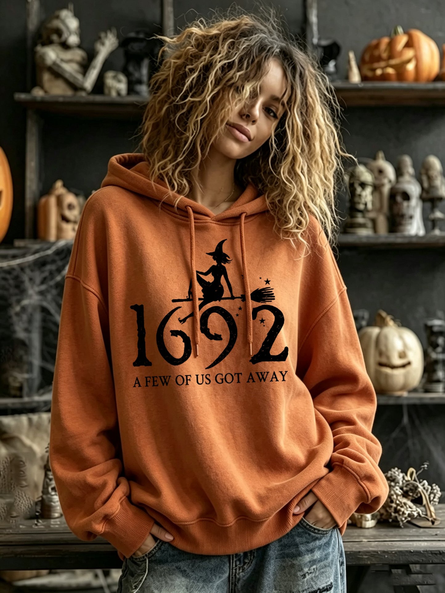 Women's  Halloween“1692 A FEW OF US GOT AWAY” Print Hooded Sweatshirt