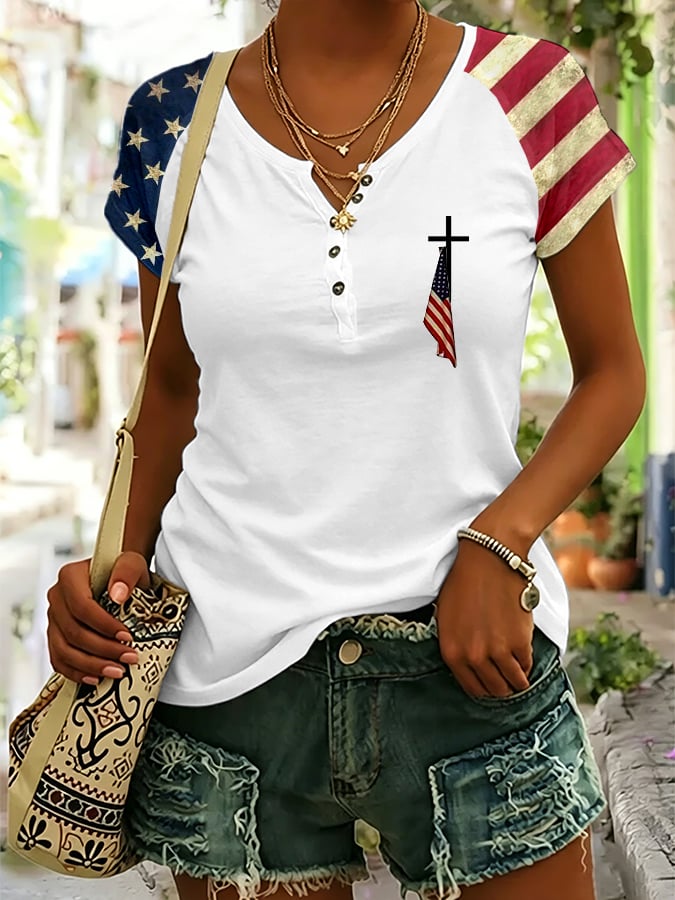 Women's Vintage American Flag Print Button Design Casual T-Shirt