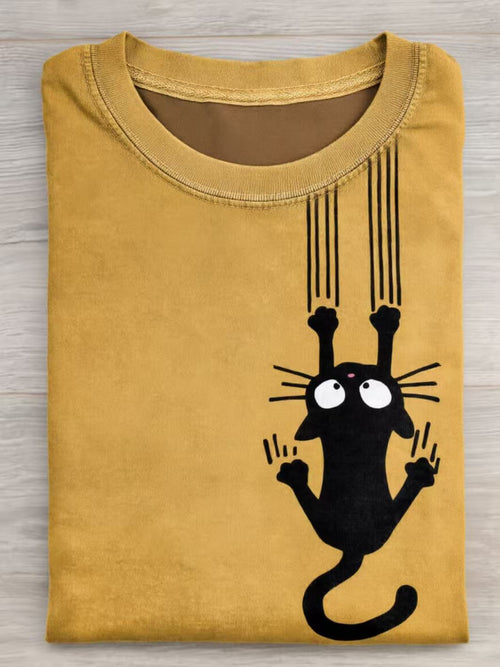 Funny Retro Cute Black Cat Art Print Casual Cotton Short Sleeve T-shirt