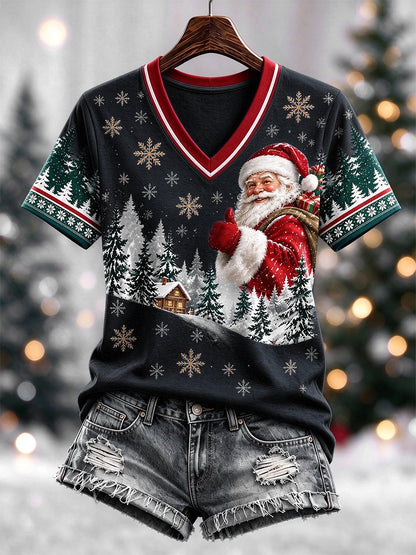 Women's Casual Christmas V-Neck Short-Sleeve T-Shirt