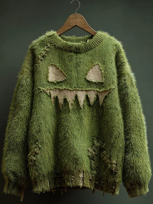 Women's Halloween spooky face print knitted sweater