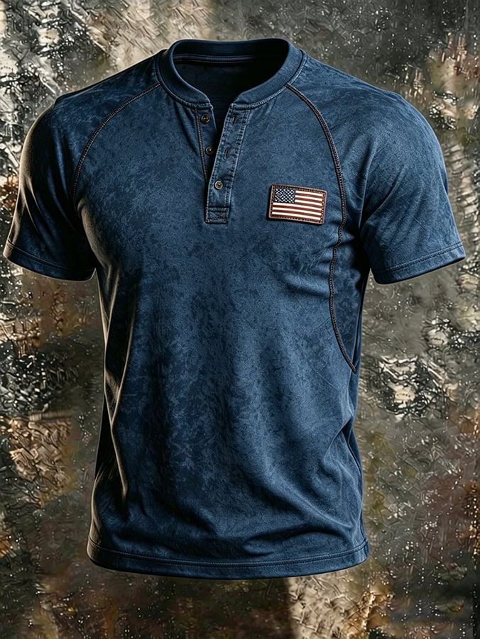 Men's Retro-Print Henley T-Shirt — Slim-Fit, Raglan-Sleeve, American-Style Casual Top with U.S. Flag Patch