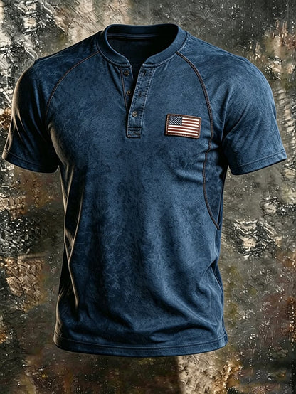 Men's Retro-Print Henley T-Shirt — Slim-Fit, Raglan-Sleeve, American-Style Casual Top with U.S. Flag Patch