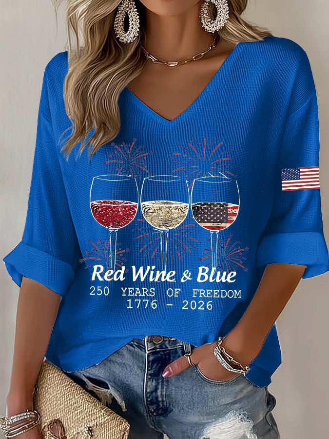 Women's Casual Waffle-Knit T-Shirt with U.S. 250th Anniversary Print