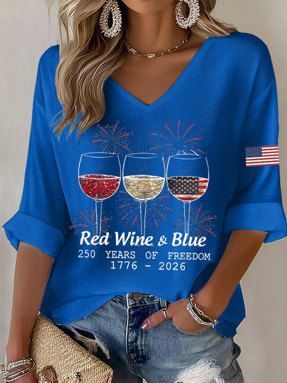 Women's Casual Waffle-Knit T-Shirt with U.S. 250th Anniversary Print