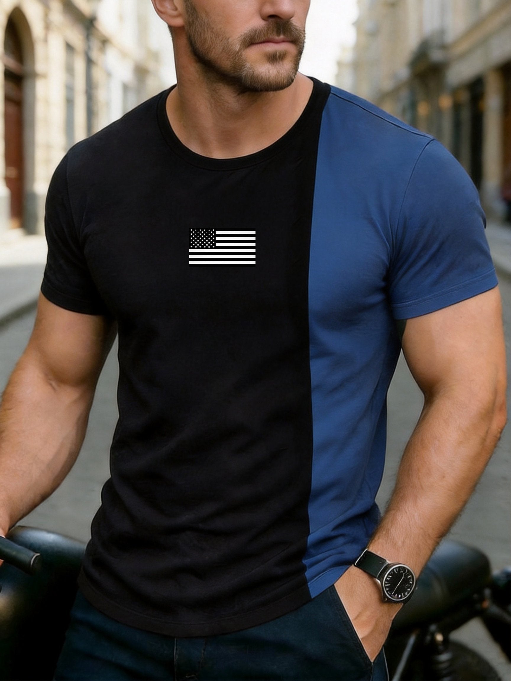 Men's Retro Color-block "Patriot" Crew Neck Short-Sleeve T-Shirt