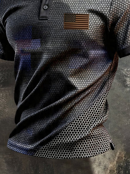Men's Retro Patriotic Color-Block Short-Sleeve Polo Shirt
