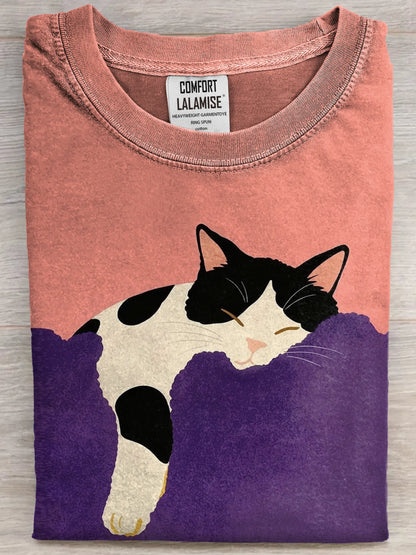 Funny Retro Cute Sleeping Cat Art Print Casual Cotton Short Sleeve T-shirt