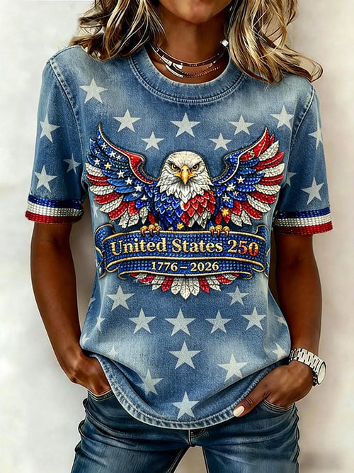 Women's American 250 Retro Distressed Pattern Print Casual Short-Sleeve T-Shirt