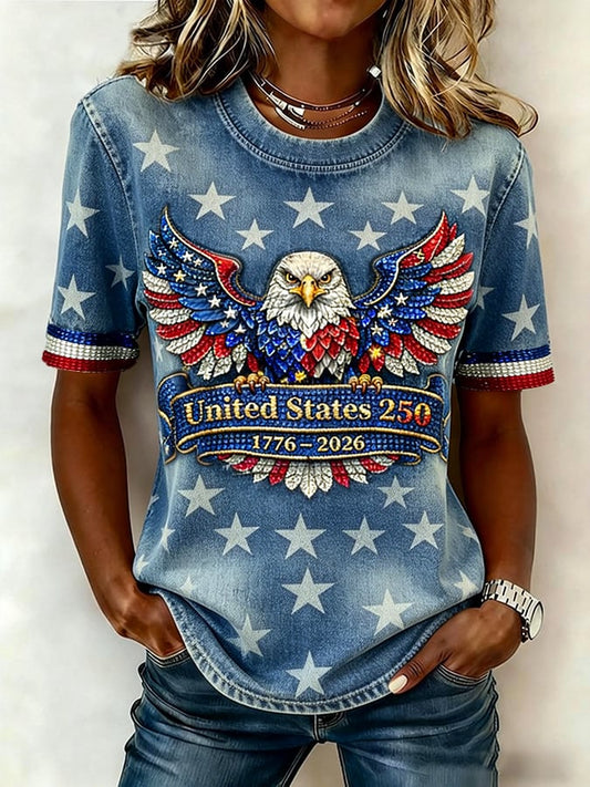 Women's American 250 Retro Distressed Pattern Print Casual Short-Sleeve T-Shirt