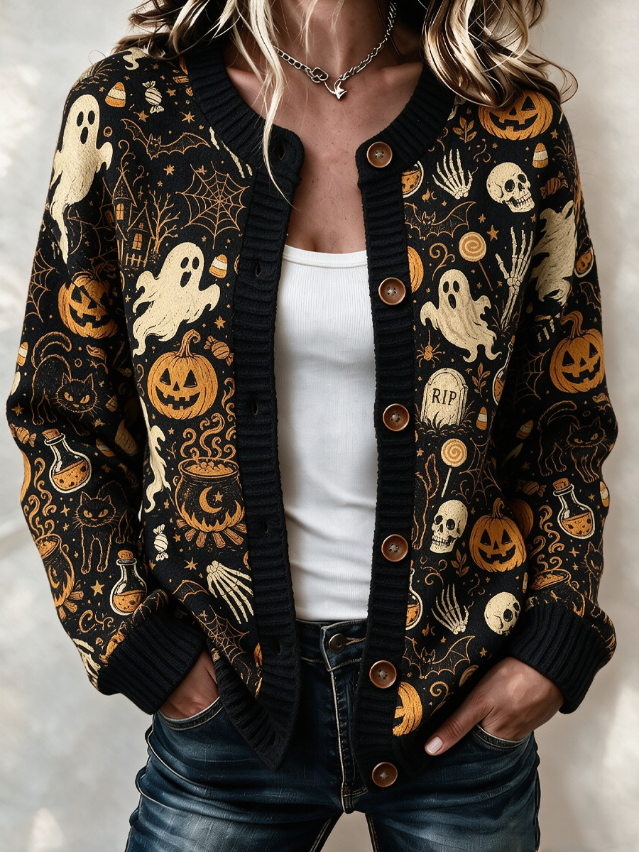 Women'S Halloween Spooky Ghost Black Cat Knitted Cardigan Top