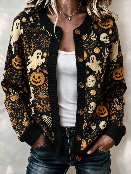Women'S Halloween Spooky Ghost Black Cat Knitted Cardigan Top