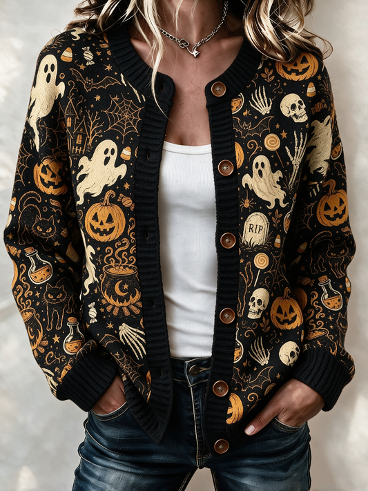 Women'S Halloween Spooky Ghost Black Cat Knitted Cardigan Top
