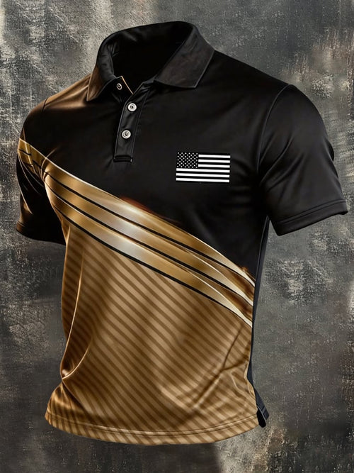 Men's Retro Patriotic Color-Block Short-Sleeve Polo Shirt