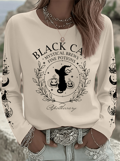 🔥HOT SALE🔥Women's Black Cat Mystical Brews Fine Potions Apothecary Print Long Sleeve T-Shirt