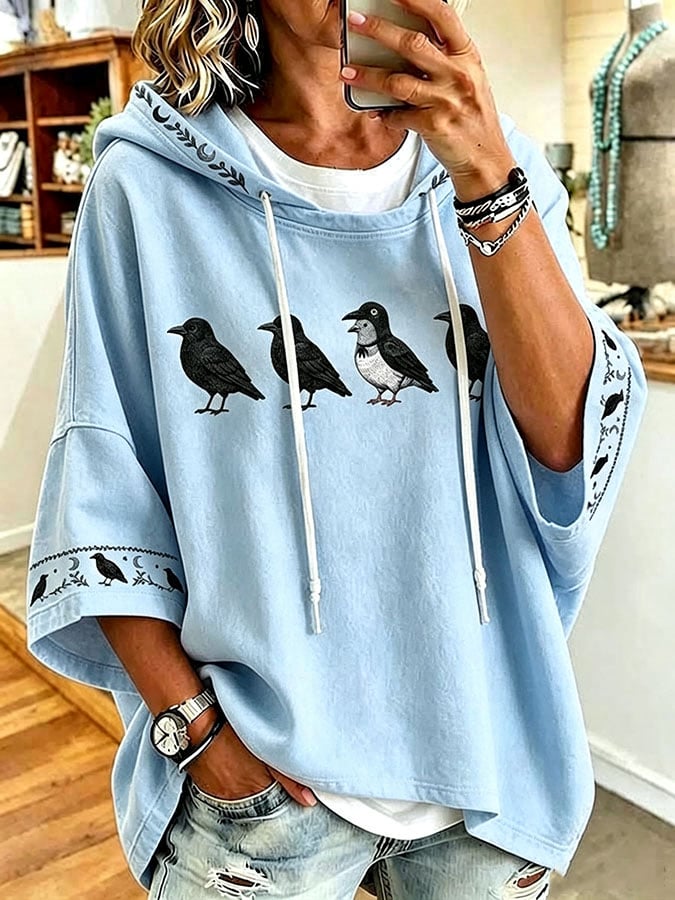 Women's Halloween Crow Print Hooded Sweatshirt