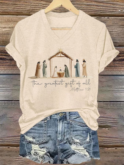 V-Neck Retro Christmas The Greatest Gift Of All Is Jesus Matthew 1:21 Print T-Shirt