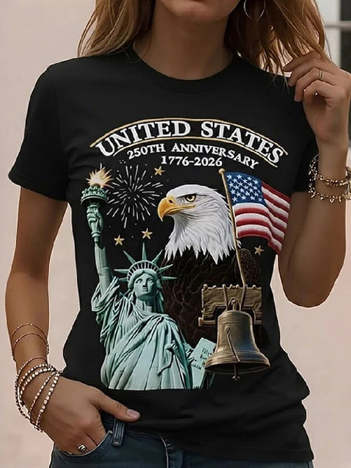 Women'S Casual Short-Sleeved T-Shirt With American 250th Anniversary Commemorative Print.