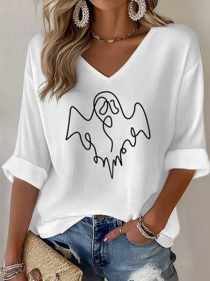 Women's Halloween Ghost Line Print Waffle T-Shirt