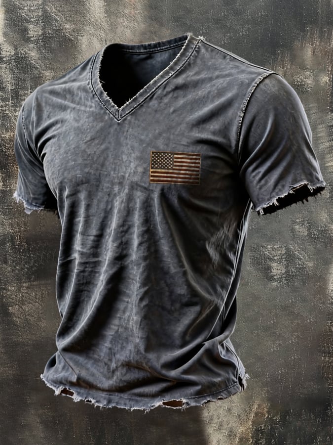 Men'S Vintage "Patriot" Pure Cotton Washed & Distressed V-Neck Short-Sleeve T-Shirt
