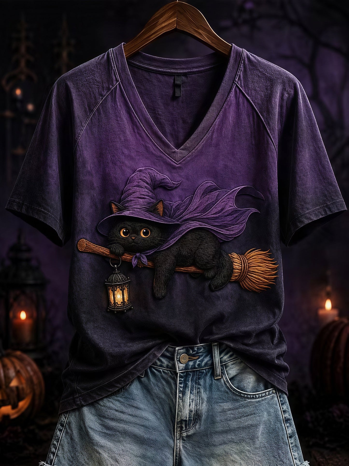 Women's Halloween Flying Cat Print T-Shirt