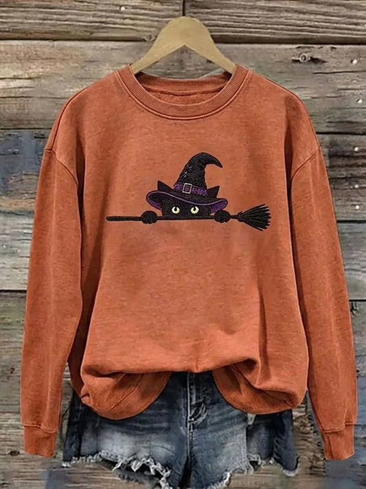 Women's Halloween Cat Print Casual Sweatshirt