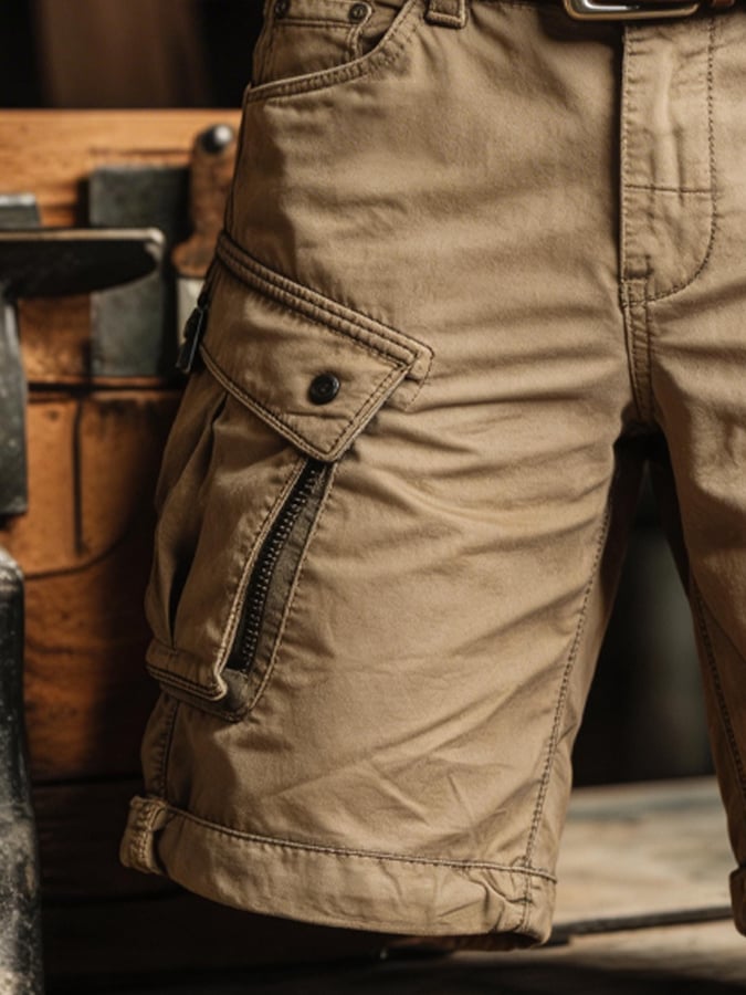Men's Retro Outdoor Washed & Distressed Multi-Pocket Functional Cargo Shorts