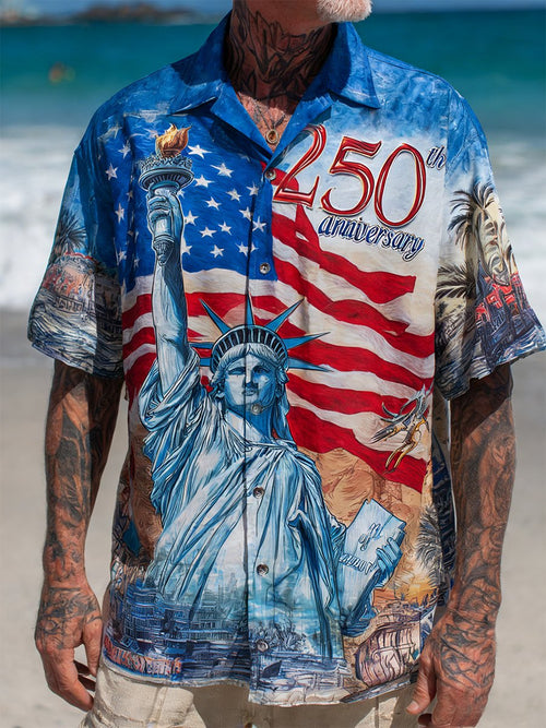 Men's Retro Vacation American 250th Anniversary Cuban Collar Short-Sleeved Shirt