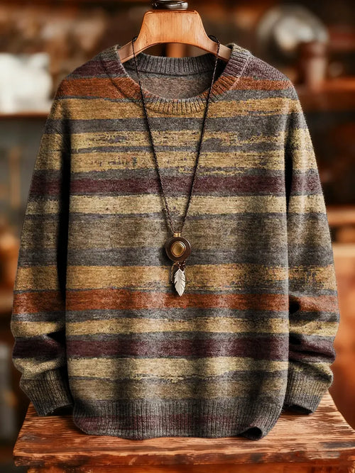 Unisex Retro Ethnic Stripes Art Print Crew Neck Knit Sweater